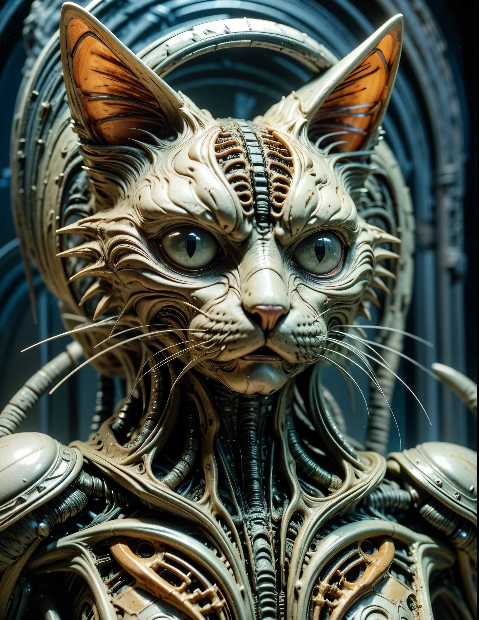 A cat with muscles and a motor, cyborg cat, cat detailed, industrial, Realistic muscle details, ภาพเหมือนของcyborg cat, extremely detailed, H. R. Giger, intricate detailed, very high details, photo-hyper-realistic, 8k, UHD, hyperdetailed, (Dynamic Poses:1.4),