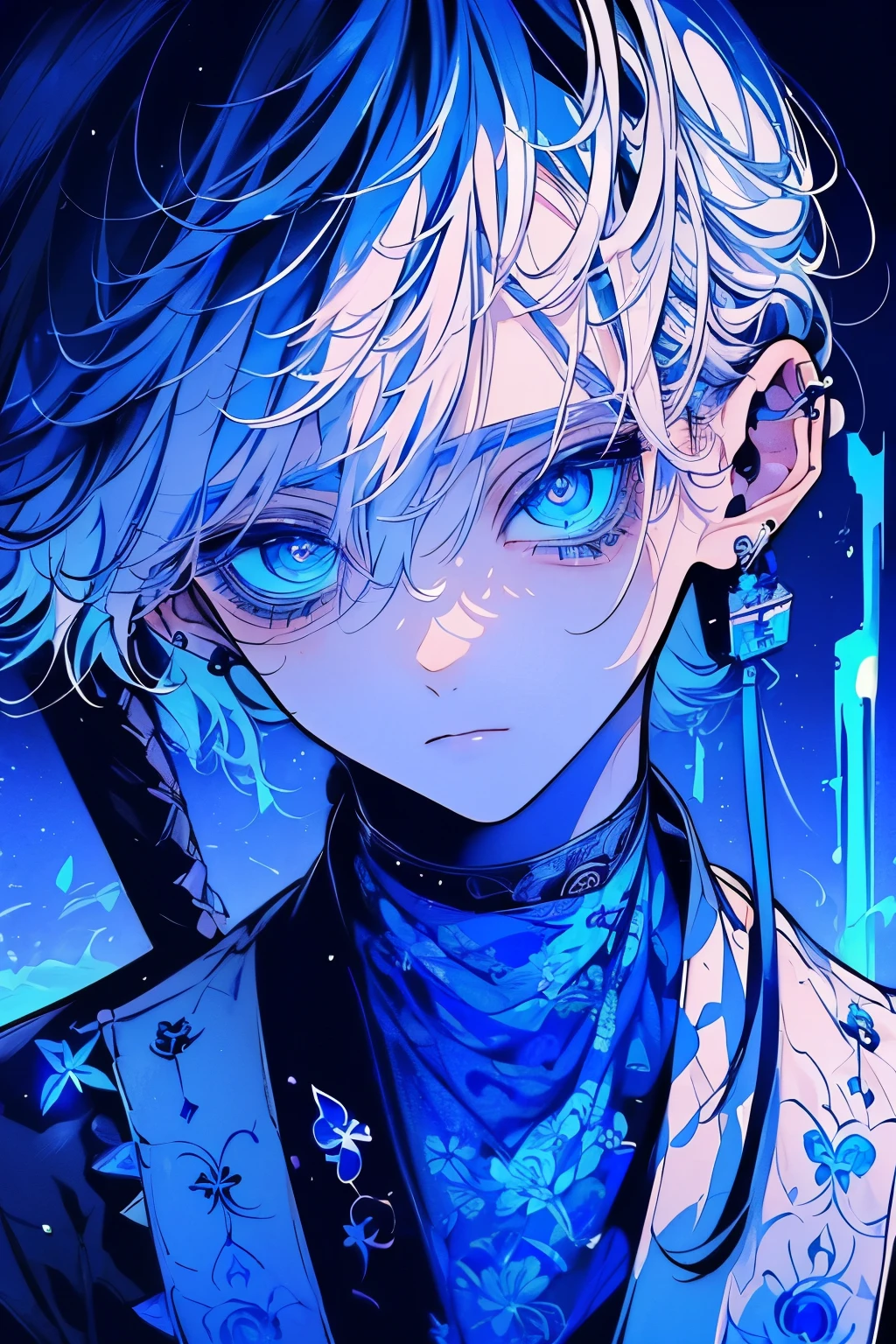 (masutepiece), (Best Quality), Highly detailed, 1 boy, Solo Focus, Perfect face, Beautiful face, extra detailed face,(white hair:1.3),(glowingblueeyes:1.4),black suits,(White lashes:1.4)