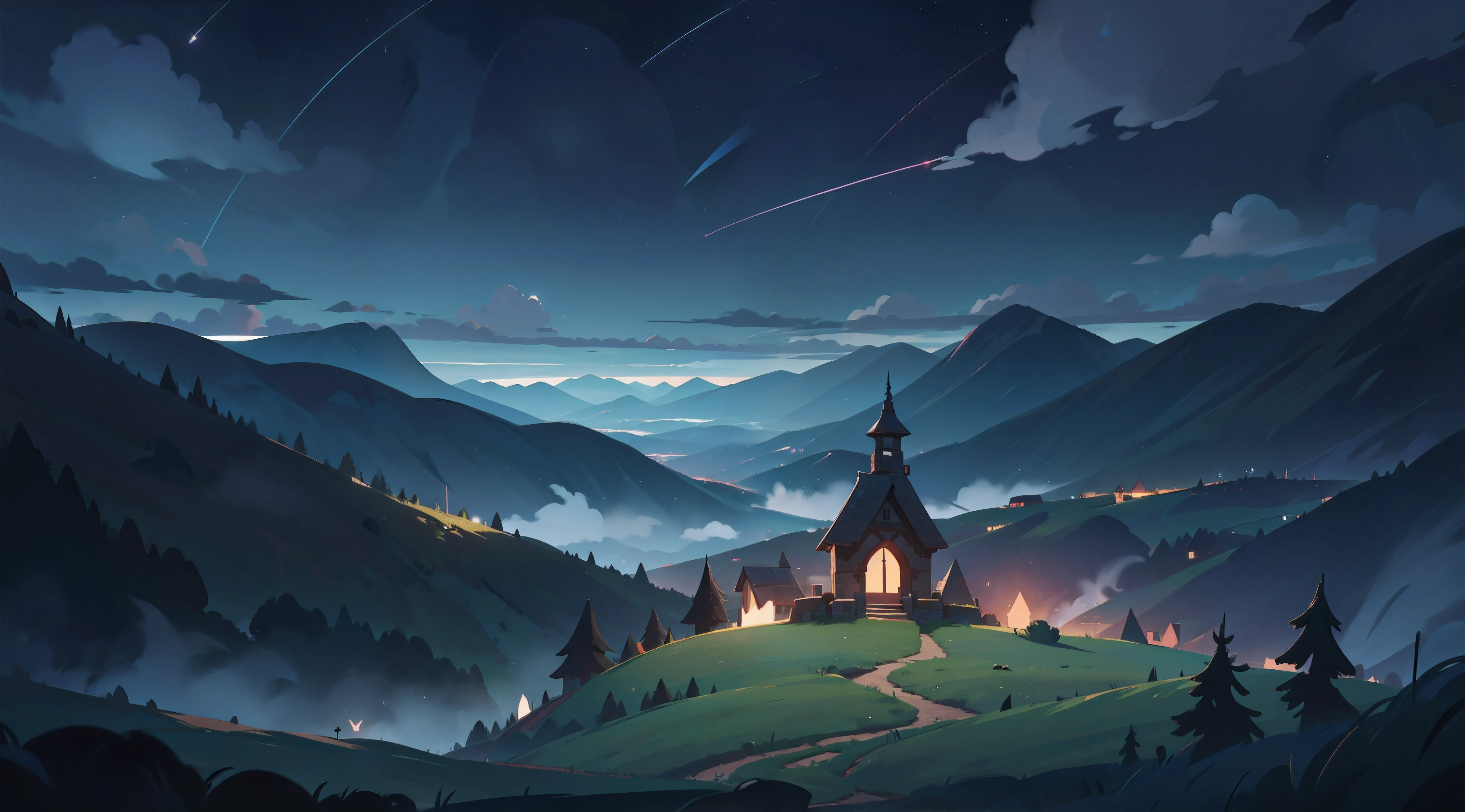 , very very  deep valley ,  outside ， very very very wide shot , outside , helicopter shot , details background , night  , dark cloud sky , dark  night lighting, magic sky ,