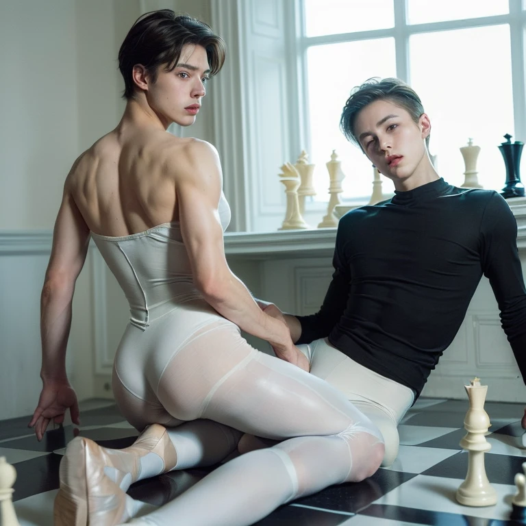 (masterpiece, best quality, dreamlike, hyperrealistic, 2boys, weak androgynous males, ballet tights, male crotch bulge, buttocks, chess ballet, checkmate, white lost, black pawn takes white king:1.35)