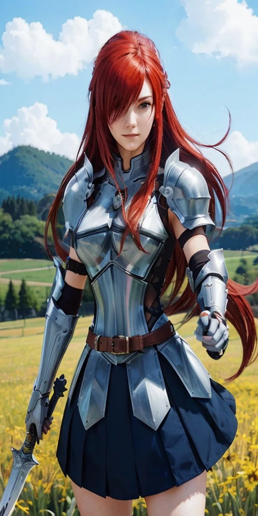 una mujer con falda corta y armadura sosteniendo una espada, Erza Scarlet como persona real, Chica armadura, Chica con armadura de caballero, Mujer Templaria pelirroja, Reina pelirroja con armadura roja pesada, rias gremory, Dama con armadura roja, Arte detallado del personaje de anime, Usando una armadura de placas brillantes, Catherine, Cushart Krenz Key Art Femenino