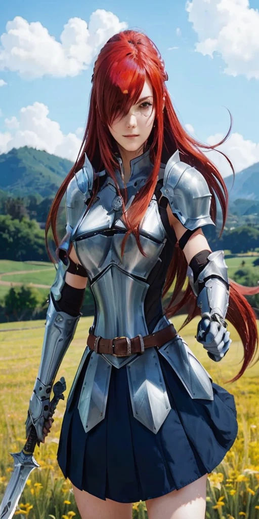 una mujer con falda corta y armadura sosteniendo una espada, Erza Scarlet como persona real, Chica armadura, Chica con armadura de caballero, Mujer Templaria pelirroja, Reina pelirroja con armadura roja pesada, rias gremory, Dama con armadura roja, Arte detallado del personaje de anime, Usando una armadura de placas brillantes, Catherine, Cushart Krenz Key Art Femenino
