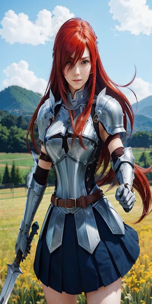 una mujer con falda corta y armadura sosteniendo una espada, Erza Scarlet como persona real, Chica armadura, Chica con armadura de caballero, Mujer Templaria pelirroja, Reina pelirroja con armadura roja pesada, rias gremory, Dama con armadura roja, Arte detallado del personaje de anime, Usando una armadura de placas brillantes, Catherine, Cushart Krenz Key Art Femenino