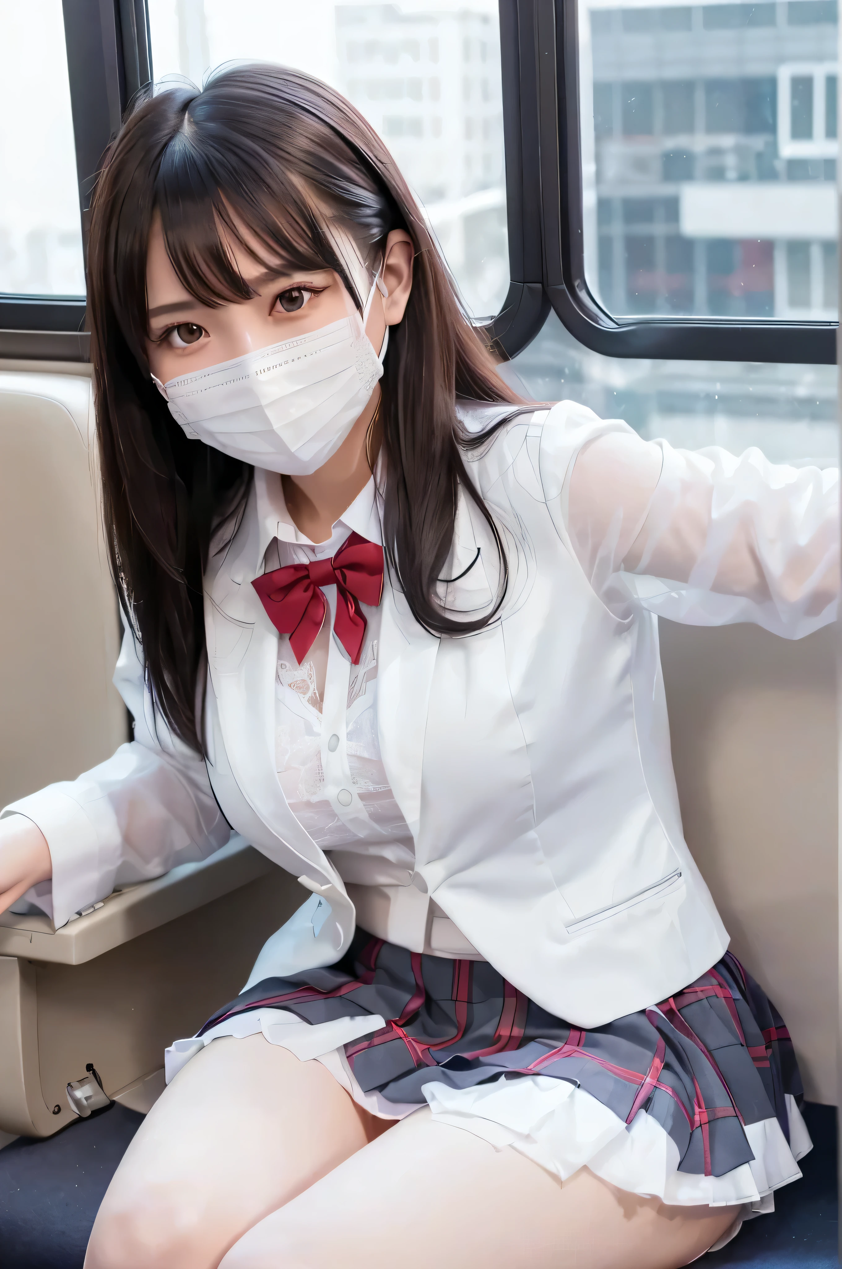 ((Female student sitting on a train seat ))，Charming eyes，Heartwarming action，Turn your face away from the camera，stooped，Bend over，turn back，Look up at your head，thick and long black hair，Highly detailed body，Highly detailed face，best qualtiy、(P boobs iNK underwear),(High School Girls),((White Blazer、emblem on breasts))、((Translucent blouse)),((red bowtie)),((navy check flare skirt)),(Black stockings)、((Outside the window, Hazy skyscrapers)),((White lace panties are visible))Very big breasts、(White Face Mask:1.4)