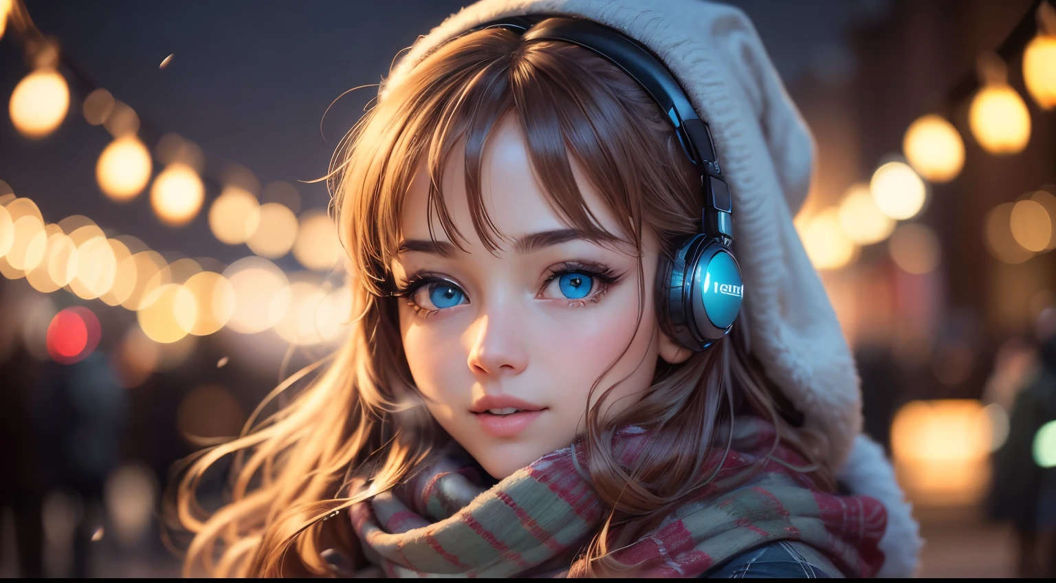 (best quality,4k,8k,highres,masterpiece:1.2),ultra-detailed,(realistic,photorealistic,photo-realistic:1.37),anime,portraits,beautiful detailed eyes,beautiful detailed lips,extremely detailed eyes and face,long eyelashes,long hair,1girl,new year's eve street,cute,holding a bunny,listening to music,green-blue eyes,playful expression,warm scarf,colorful lights,winter night,vivid colors,bokeh,lively atmosphere,soft glow,party ambience,festive decorations,joyful celebration,enchanted scenery,lively cityscape,crisp air,icy breath,resolution:8k