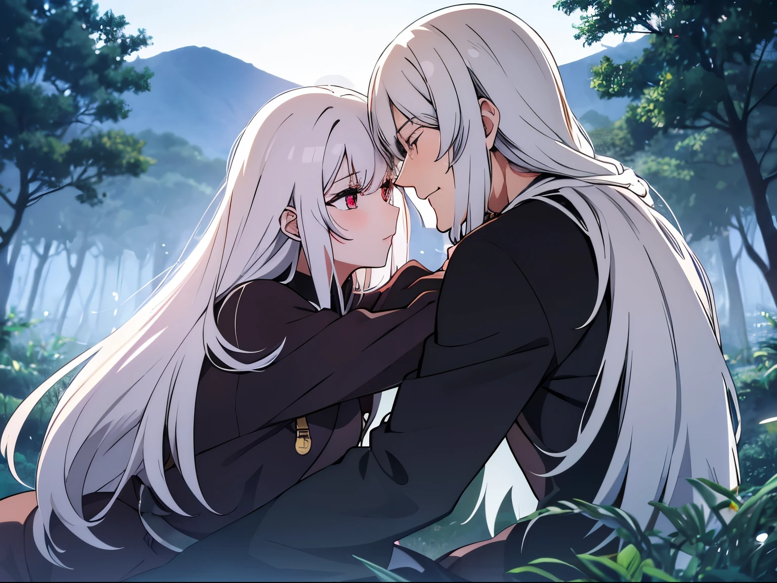 (best quality, 4k, highres), romantic moonlit night, a girl with long flowing black hair, a muscular man, misty forest, they gaze into each other's eyes, they express their love for each other, embrace each other tightly、In the fog、dark place in the forest、The man has white hair and a manly hairstyle、Sit on the ground、line-drawing、animations、The girl is wearing black clothes