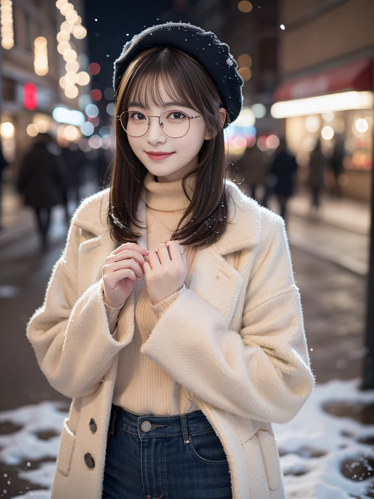 ​masterpiece、8K、32K、top-quality、(A cute Japanese woman:1.1)、detail portrayal、1 girl in、elegent、(coat、muffler:1.3)、beret、(Winters:1.1)、Christmas tree、cowboy  shot、ssmile、Short Bob Cut Hair、Glasses with narrow rims、It's snowing、Dimly lit cityscape、Background Bokashi