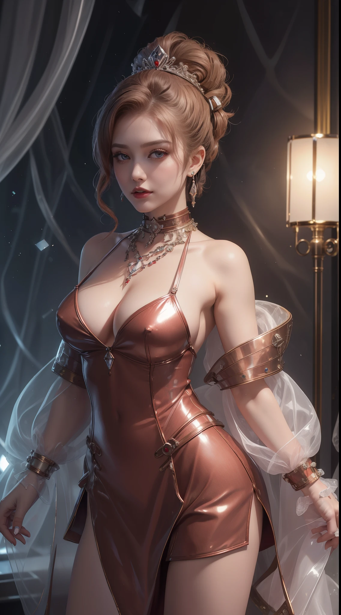 tmasterpiece,Highest image quality,Beautiful bust of noble mature aunt,Exquisite red updo hairstyle,Decorated with tiara,choker,ear studs,Avant-garde metallic leather jacket,leg loopquisitely crafted jewelry,Ultra-detailed details,advanced。At the Pixiv Art Station,Break your own power,Louie,Big breasts exposed,,R-18G