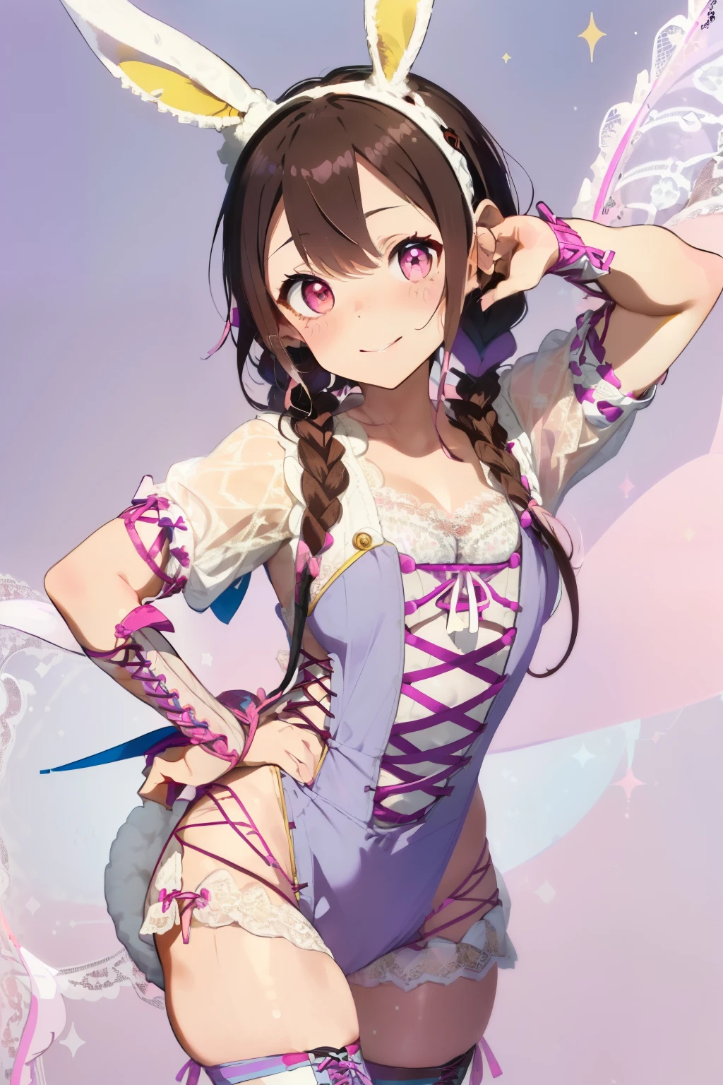 ((Brown hair)),((Braided shorthair)),((With black eyes)),Slight red tide,(With bangs),(Lace-up Costumes:2.0),(Rabbit illustration:1.5),(Usamimi:1.75),(Cute pose with both hands:1.2),(active movement:1.5),(sexy one-piece dress:1.25),(garterbelts),(fluffy fur decoration:1.2),(slim pants),(Eye size:1.5),(your eyes are shining like stars:1.25),(Cute and pop worldview:1.7),(Soft light),Smiling,(white, pink, light purple, blue and yellow:1.7),(NSFW:1.5),