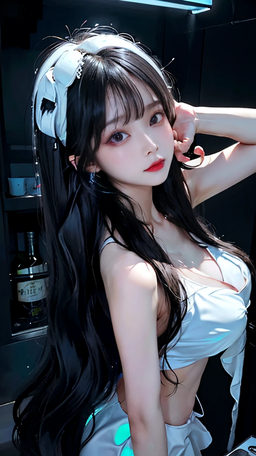 Perfect human body、Mine makeup girl、(((Black straight long hair)))、Glowing neon lights、ガールズBar clerk、Bar clerk、Pure white bar counter、girl serving alcohol、Neon and uv black light store interior、cyber 、White shirt that glows under UV black light、numerous piercings in the ears、very Bigger breasts、ultra gigantic tits、Large cleavage、Stick out your big, shapely butt、White Micro Bikini、Black leather miniskirt or shorts、A store that looks like a spaceship、Liquor bottle reflecting light、Western liquor bottles on a shelf with a faint reflection、drinking cocktail、female gaki smile、cyber vision monitor、(Angle from above、Oil skin, gleaming skin、realistic skin textures、Detailed beautiful skin、Shiny skin、shiny white skin)))、Random angles、