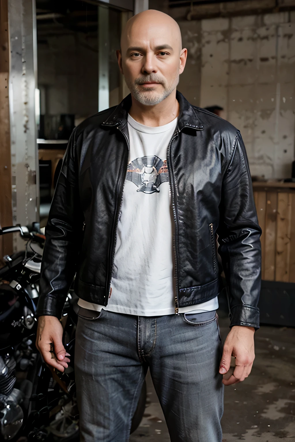 1 person, fashionable, bald, stocky guy with a beard , leather jacket, Full-length, Cool boots, wearing jeans, cool motorcycle, Brutal, about 50 years, wrinkles, Standing, very short beard with gray hair, Satisfied