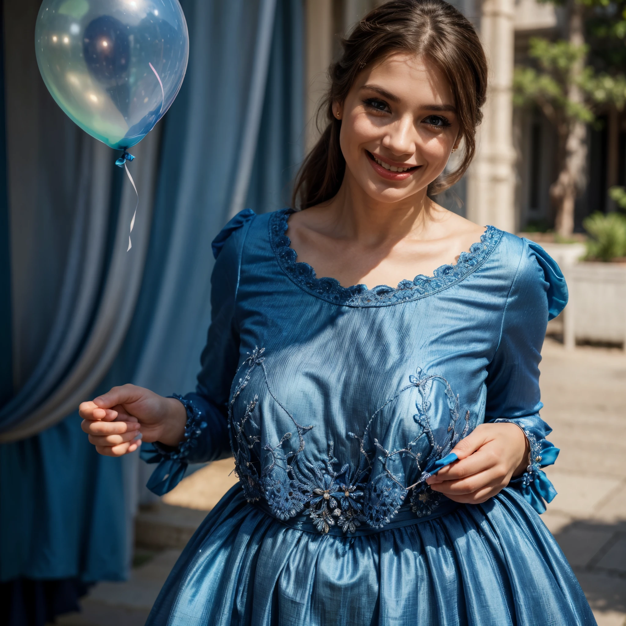 full-length image, (extremely detailed:1.2), natural blurry background, beautiful smiling woman, blue colored polite dress, detailed eyes, long eyelashes, beautiful detailed lips, holding a balloon, soft natural lighting, portrait style, happy expression, vibrant colors, 8k