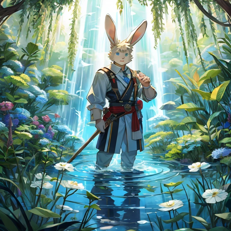 Rabbit Man，a plant，water flowinagic，white colors