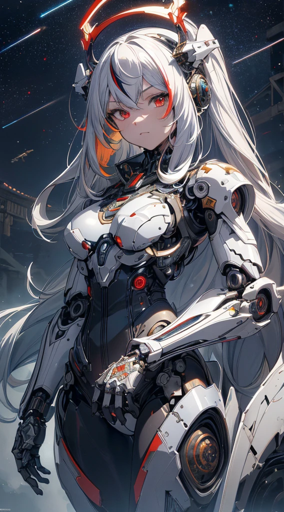 masterpiece,best quality,ultra-detailed,very detailed illustrations,extremely detailed,intricate details,highres,super complex details,extremely detailed 8k cg wallpaper,cowboy shot, caustics,reflection,ray tracing, demon theme,nebula,dark aura,cyber effect, solo ,alone, mecha musume,mechanical parts, robot joints,single mechanical arm, headgear, mechanical halo,star halo,intricate mechanical bodysuit, mecha corset, full armor, very long hair,white hair, hair between eyes, multicolored hair, colored inner hair, red eyes random expressions,random action, ancient japanese architecture,pond, starry sky,skyline, (:1.4)