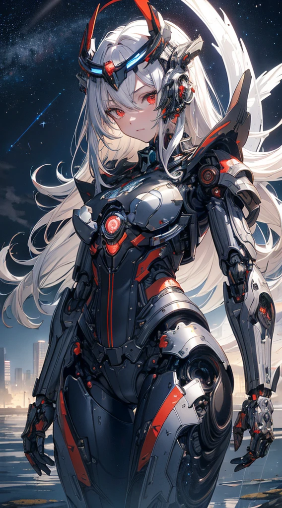 masterpiece,best quality,ultra-detailed,very detailed illustrations,extremely detailed,intricate details,highres,super complex details,extremely detailed 8k cg wallpaper,cowboy shot, caustics,reflection,ray tracing, demon theme,nebula,dark aura,cyber effect, solo ,alone, mecha musume,mechanical parts, robot joints,single mechanical arm, headgear, mechanical halo,star halo,intricate mechanical bodysuit, mecha corset, full armor, very long hair,white hair, hair between eyes, multicolored hair, colored inner hair, red eyes random expressions,random action, ancient japanese architecture,pond, starry sky,skyline, (:1.4)