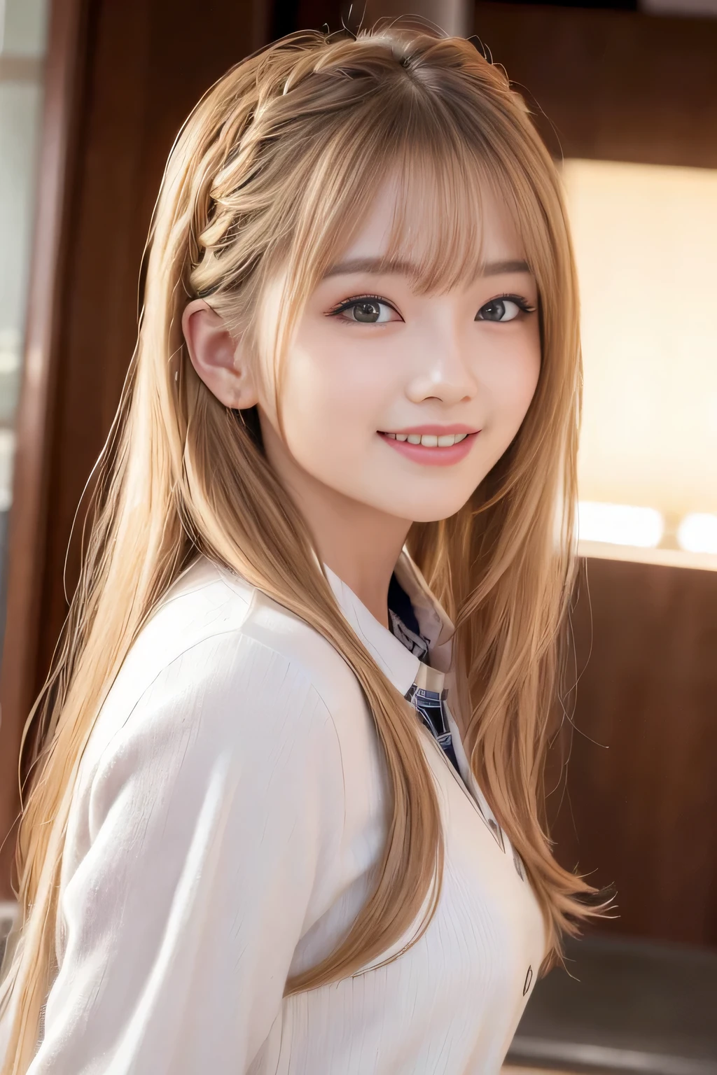 (8K、top-quality、​masterpiece:1.2)、(reallistic、フォトreallistic:1.37)、The ultra-detailliert、女の子1人、18year old、Medium chest、Beautie、Beautiful and perfect face、up close shot、Natural smile、独奏、holiday、Bustling street、shopping、Fashionable clothes、Redness of the nose)、(A smile:1.5)、(With mouth closed) 、beautidful eyes、(long:1.2)、Floating hair 、Middle hair、Gold Hair Medium Hair, (Golden hair), Ear Hair, small tits, single bling bride braid),Checked shirt