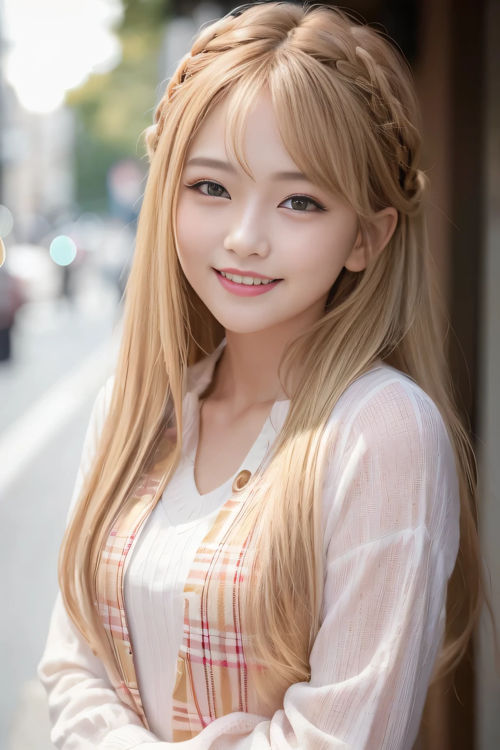 (8K、top-quality、masterpiece:1.2)、(reallistic、フォトreallistic:1.37)、The ultra-detailliert、女の子1人、18year old、Medium chest、Beautie、Beautiful and perfect face、up close shot、Natural smile、独奏、holiday、Bustling street、shopping、Fashionable clothes、Redness of the nose)、(A smile:1.5)、(With mouth closed) 、beautidful eyes、(long:1.2)、Floating hair 、Middle hair、Gold Hair Medium Hair, (Golden hair), Ear Hair, small tits, single bling bride braid),Checked shirt