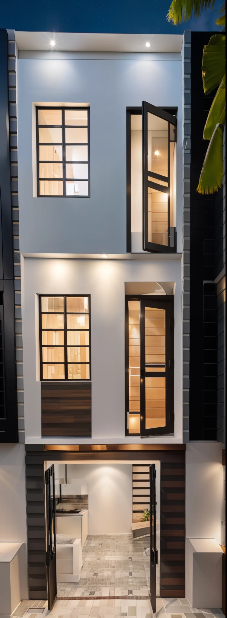 RAW photo,Masterpiece, high quality, best quality, authentic, super detail, townhouse, modern house with (tile wall:1.2), glass windows, (wooden ceiling:1.1), railing glass, gate, fence, tropical trees, sunset, night sky, decorative lights, (high detailed :1.2), 8k uhd, dslr, soft lighting, high quality, film grain, Fujifilm XT3