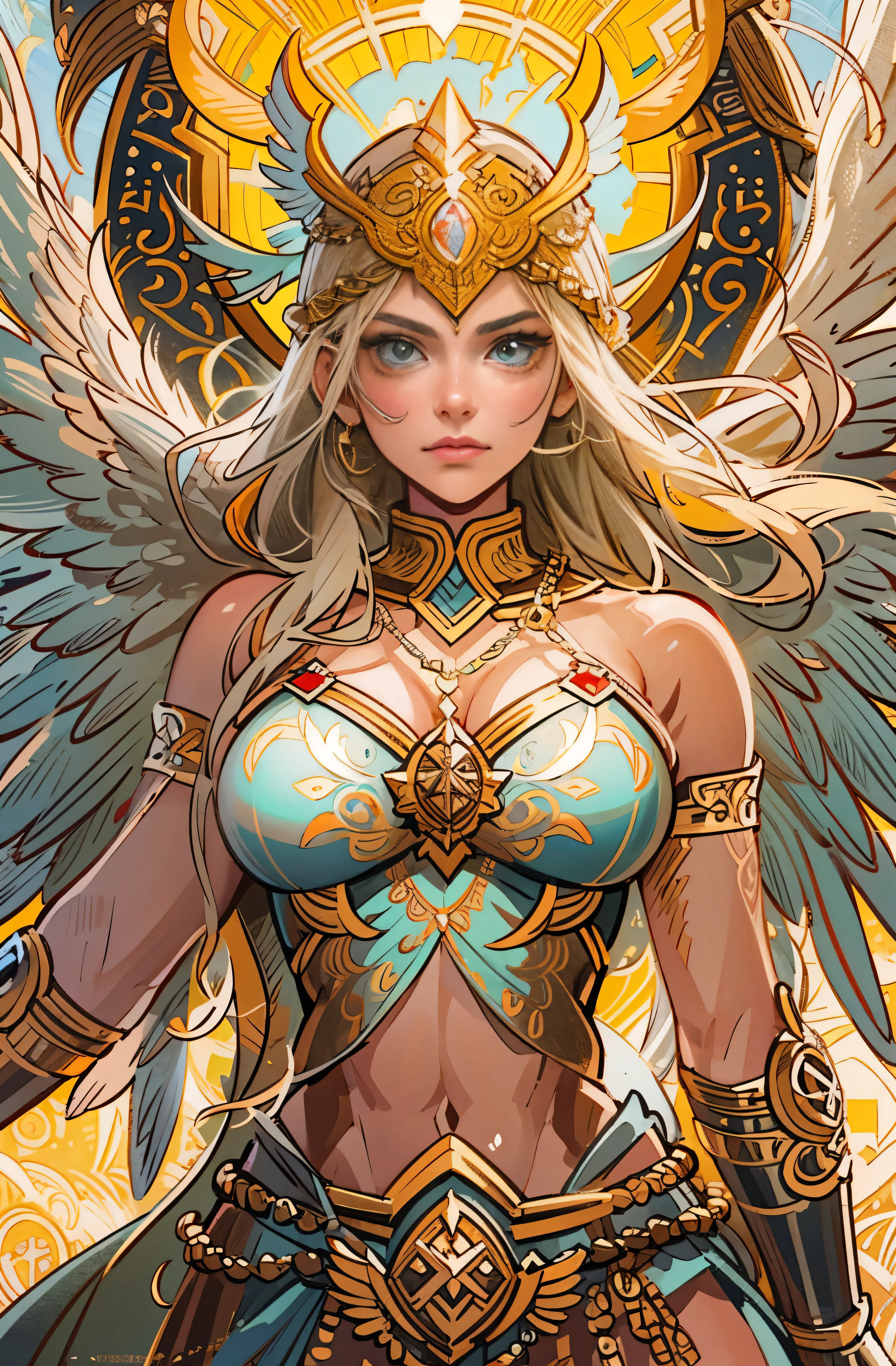 Masterpiece, best quality, {best quality}, {{masterpiece}}, {highres}, anime, attractive, exotic, Norse Valkyrie, glowing runes, eldar futhark runes, norse mythology, gorgeous feathers, gold, gold, Anime - style illustration of a woman with wings and a golden halo, (super massive breasts:1.3), anime fantasy illustration, mystical norse viking valkyrie, as a mystical valkyrie, mystical valkyrie, detailed 2D digital fantasy art, anime fantasy art, avian warrior, highly detailed official art, epic fantasy digital art style, mechanized valkyrie girl, goddess. Extremely high detail,18+ face, nsfw art, body curve, full , random position, random pose position, random position, beauty shirt, ((upper body)), ((closed up)), ((detail face)),