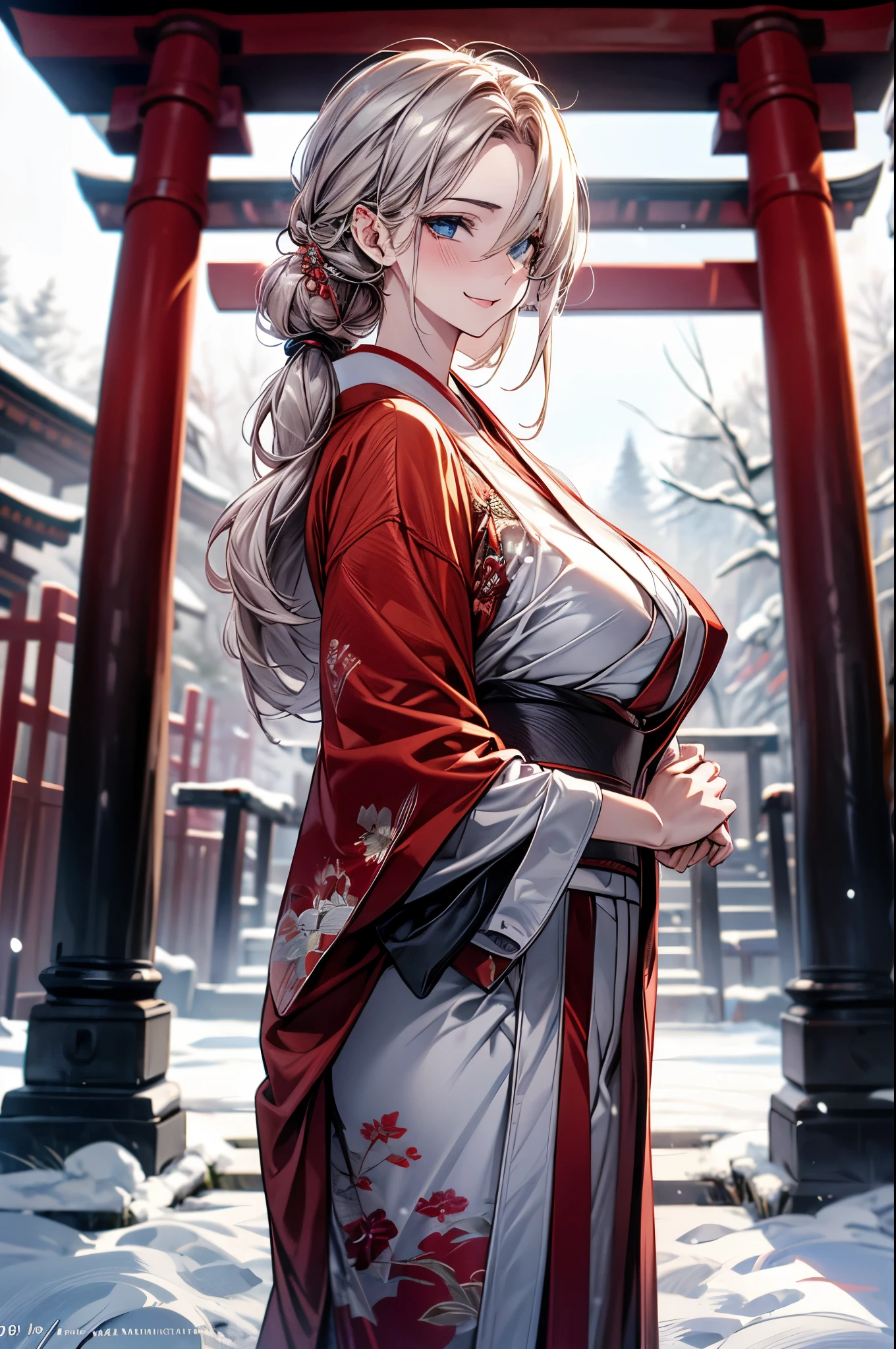 (masterpiece, best quality:1.2), (high resolution, 8K RAW photo, photo realistics, clear focus), (natural lighting, textile shading), pov, solo focus, full body, 1 matured woman, 28 years old, (milf:1.5), raised sexy, New Year's visit, put your hand together, praying for future, smile, light Purple hair, medium long hair, hair over one eye, asymmetric hair, half updo hair, wavy hair, blue eyes, japanese clothes, kimono, at ZEN garden in Japanese temple, in front of torii gate, in winter, snowy ground with fallen snow, snowflakes, depth of field, bokeh, dynamic angle, from side above, (correct anatomy, ideal ratio of body proportions), in a night, under starry sky,