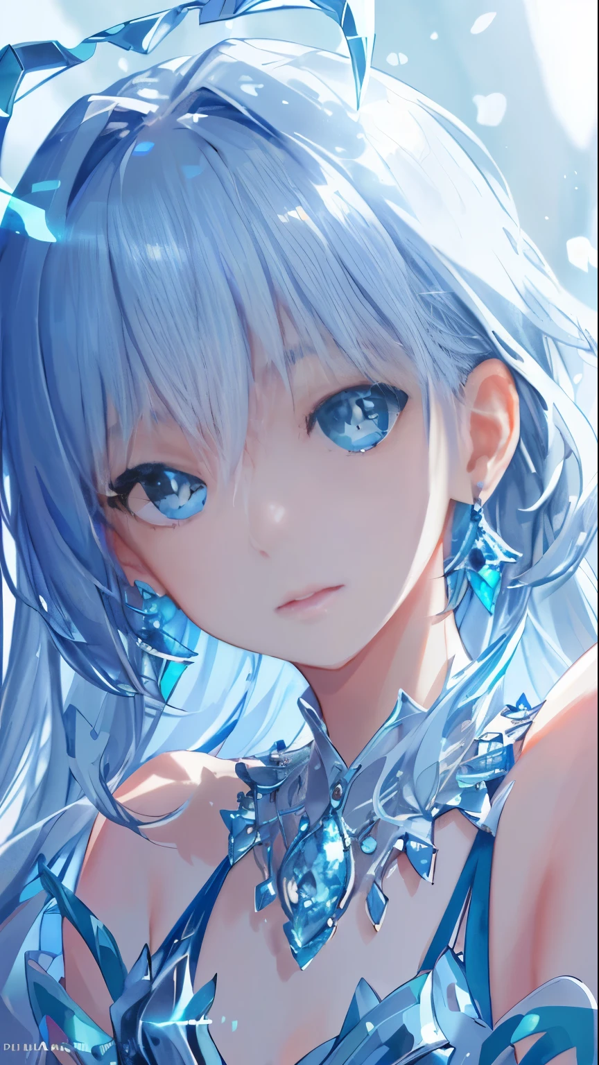 Masterpiece, Best Quality, Illustration, Sax Blue, Platinum Earrings, Platinum Necklace, Blue Dress, 1girl, Cute, (Dynamic Lighting:1.2), Cinematic Lighting, Delicate Facial Features, Detailed Eyes, Sharp Pupils, Realistic Pupils, Depth of Field, Bokeh, Sharp Focus, (Ultra Detailed, Bloom, Glow:1.4), Many Little Jewels,Angel Wings,Beautiful Abs