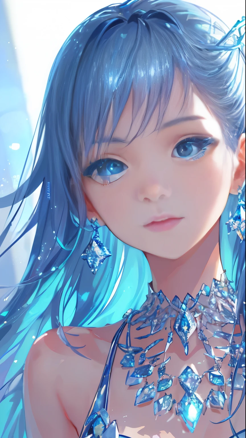 Masterpiece, Best Quality, Illustration, Sax Blue, Platinum Earrings, Platinum Necklace, Blue Dress, 1girl, Cute, (Dynamic Lighting:1.2), Cinematic Lighting, Delicate Facial Features, Detailed Eyes, Sharp Pupils, Realistic Pupils, Depth of Field, Bokeh, Sharp Focus, (Ultra Detailed, Bloom, Glow:1.4), Many Little Jewels,Angel Wings,Beautiful Abs