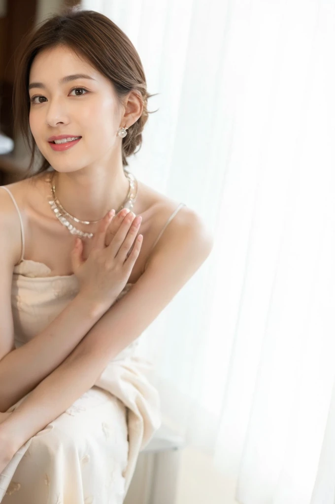 (On a table, Best quality at best, realistically, ultra - detailed, meticuloso, A high resolution, 8k wallpaper), Close-up portrait of a beautiful woman, Chariada, Smiling, light brown messy hair, Perfect dynamic composition, 美丽meticuloso的眼睛, Just like the cover of a fashion magazine, On campus