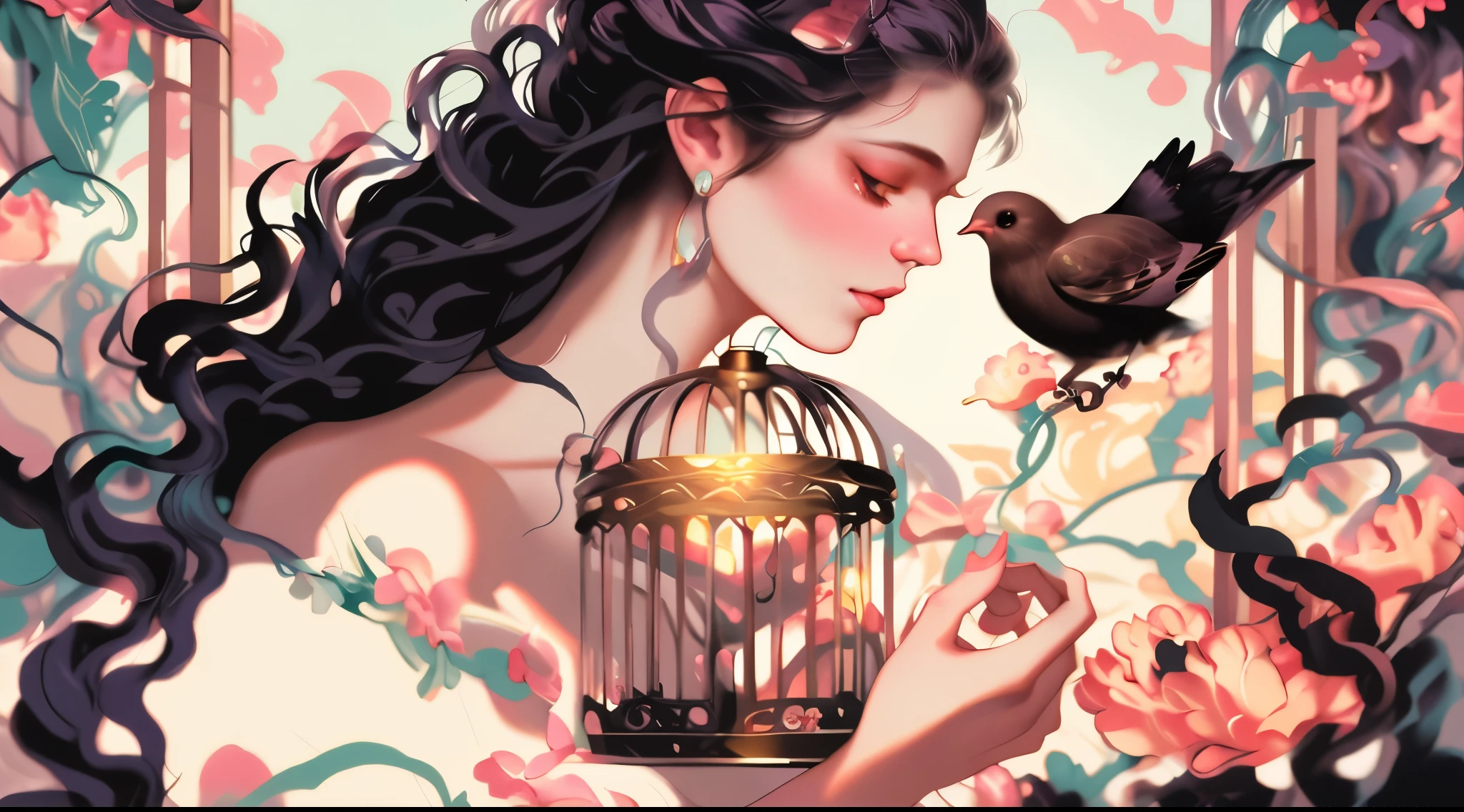 there is a woman holding a bird and a birdcage in her hand, tom bagshaw artstyle, inspired by Magali Villeneuve, by tom bagshaw, by Tom Bagshaw, graphic artist magali villeneuve, inspired by Cynthia Sheppard, by Cynthia Sheppard, magali villeneuve', artstyle tom bagshaw, a beautiful artwork illustration