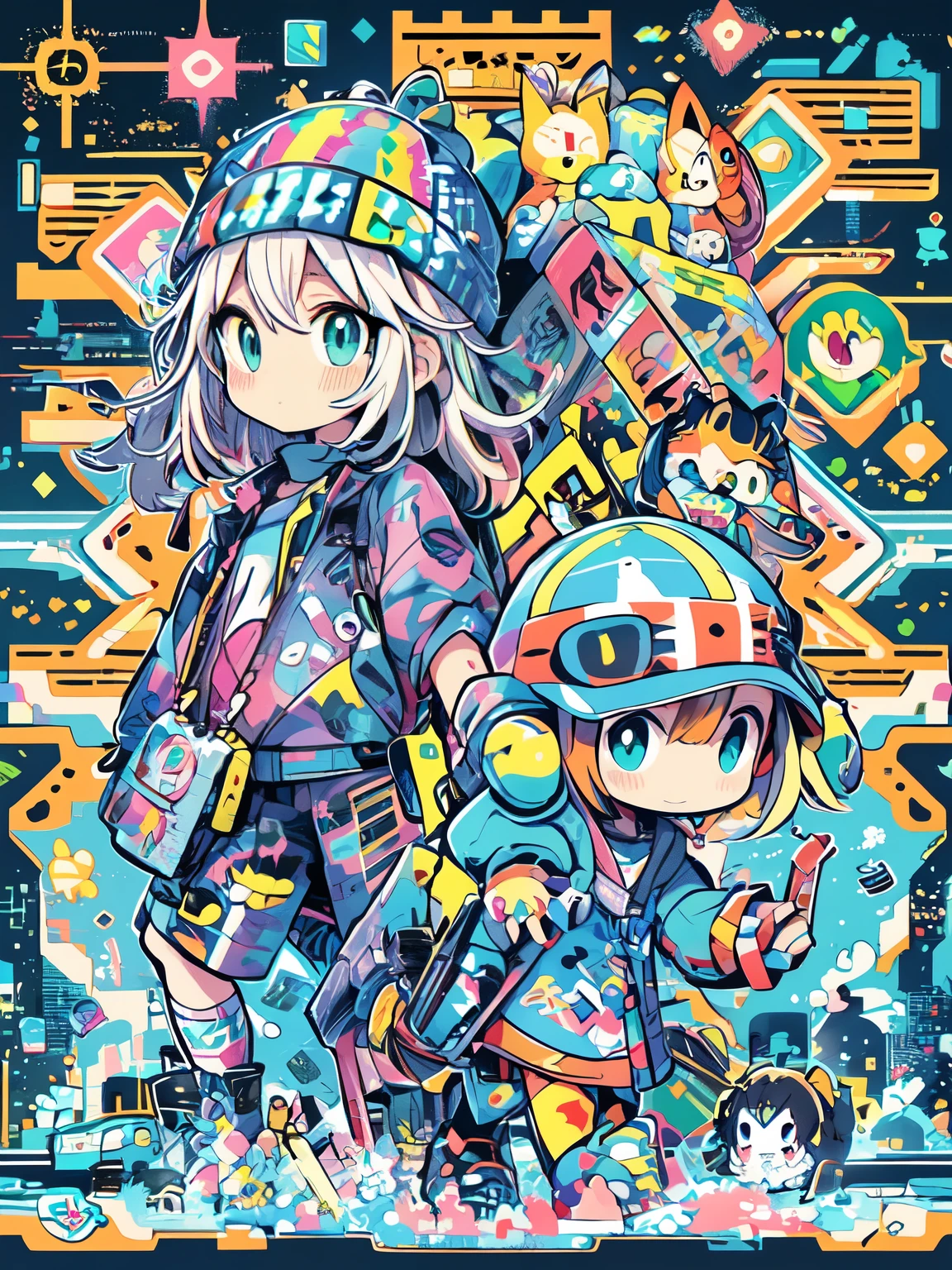 Couple of anime characters in pixel style, Digital Cyberpunk Anime Art, high detailed official artwork, Cute art style, cyberpunk art style, digital cyberpunk - anime art, decora inspired illustrations, anime style 4 k, official artwork, 2d game fanart, cute detailed digital art, Anime Mecha Aesthetics, art of kirokaze pixel, colorful concept art