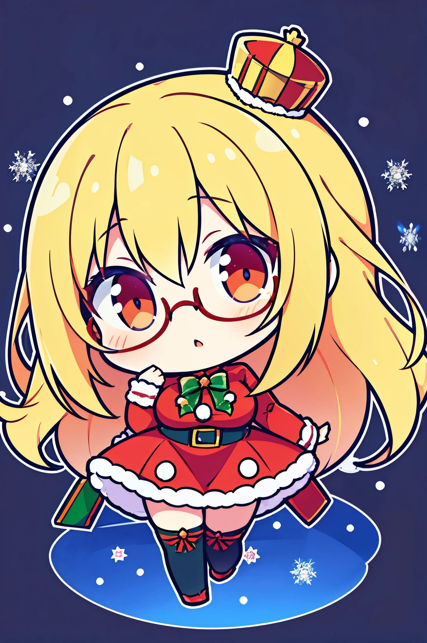 "anime girl, 1 person, bright blonde hair, glasses, crown on head, santa shirt, santa suit, winter suit, winter dress, red dress, big breasts, stockings, standing cross legs, character perspective, snowfall, christmas gift box, christmas,chibi, full body, solo, (full HD 4K+ image)"