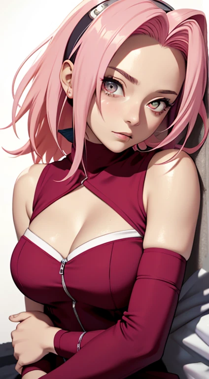 tmasterpiece， Best quality at best， 1girll，Solo， Sakura Haruno， medium breasts，Off-the-shoulder attire，（cleavage)，（upperbody closeup)，Raised sexy，is shy，with pink hair， long whitr hair， （greene eyes:1.3)， Forehead protection， Lying on a white bed，barechested