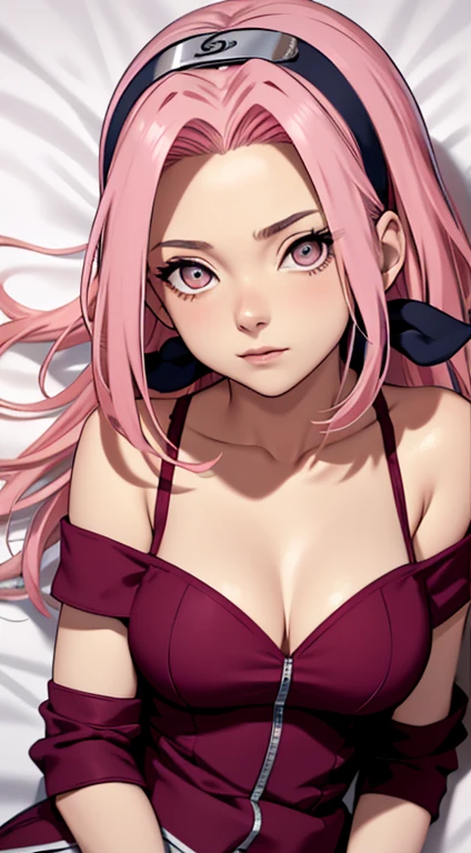 tmasterpiece, Best quality at best, 1girll,Solo, Sakura Haruno, medium breasts,Off-the-shoulder attire,(cleavage),(upperbody closeup),Raised sexy,is shy,with pink hair, long whitr hair, (greene eyes:1.3), Forehead protection, Lying on a white bed,barechested