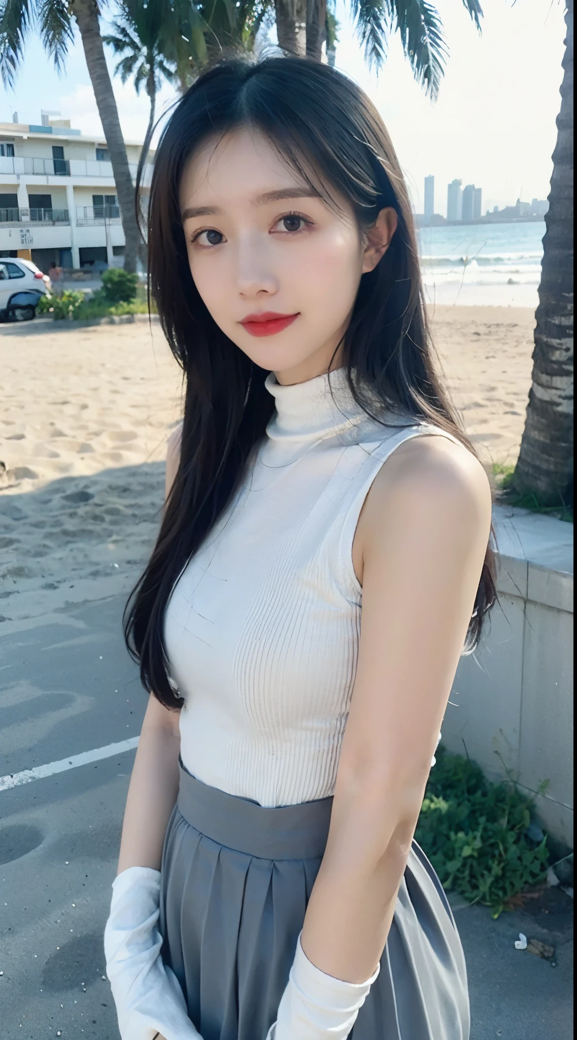 in a panoramic view，The picture is more realistic，Avoid direct display of palms and fingers，Describe the whole body of a beautiful woman。ella&#39;Wearing a wool turtleneck and gloves，Wear it with a pleated skirt，Look charming and eleganla的双手灵巧地放在背后，Hidden fingers，While maintaining a natural and smooth posture。 ella put one shoulder behind her head，Show some shoulders，Smile reveals the charm of natural makeup。Long hair blowing in the sea breeze on the beach，Perfect integration into the surroundings。The beach is littered with traces of Silas&#39; wrath，Coconut trees and shells in Recife in the distance，Seagulls hover in the air。 Sunlight emits golden light through cloudront light source))Create strong light and shadow effects，reverse john&#39;Glare adds depth to the image。Although the sun is very warm，But the use of cold colors makes the picture more realistic，Show high-definition details and breath of life。 Realistic texture，Female expressions are natural without filter effectully reflect the integration with the environment。tas&#39;It&#39;s winter morninorning light is soft and peaceful，Create a relaxing vacation atmosphere。 ella的服装细节精致的剪裁与带图案的粉色薄纱材质相得益彰，Fitted design flatters your figure，Backless dress adds a touch of  appeal。The overall image retains the realism of reality，Without losing the fashionable and romantic atmosphere。