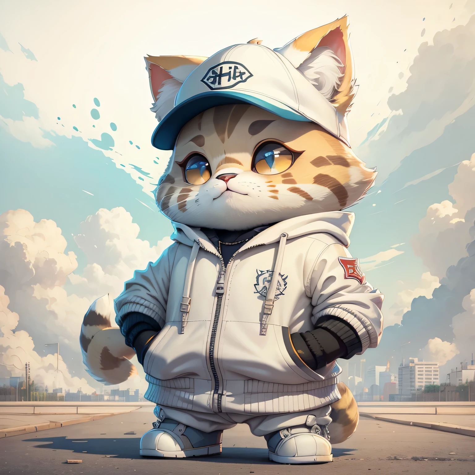 cat wearing a white baseball cap、The background is a residential area、Standing on two legs、An ultra-high picture quality、Super smile、Super smile、