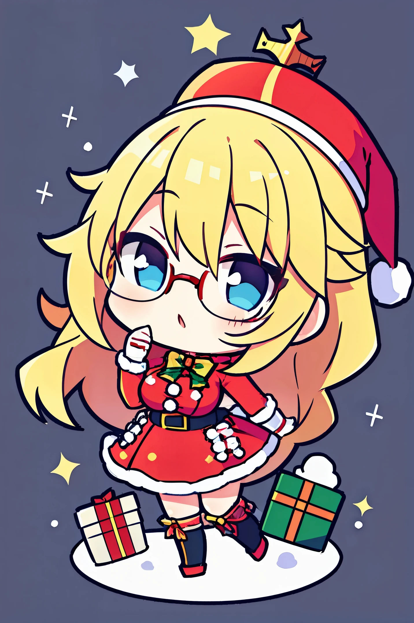 "anime girl, 1 person, bright blonde hair, glasses, crown on head, santa shirt, santa suit, winter suit, winter dress, red dress, big breasts, stockings, standing cross legs, character perspective, snowfall, christmas gift box, christmas,chibi, full body, solo, (full HD 4K+ image)"