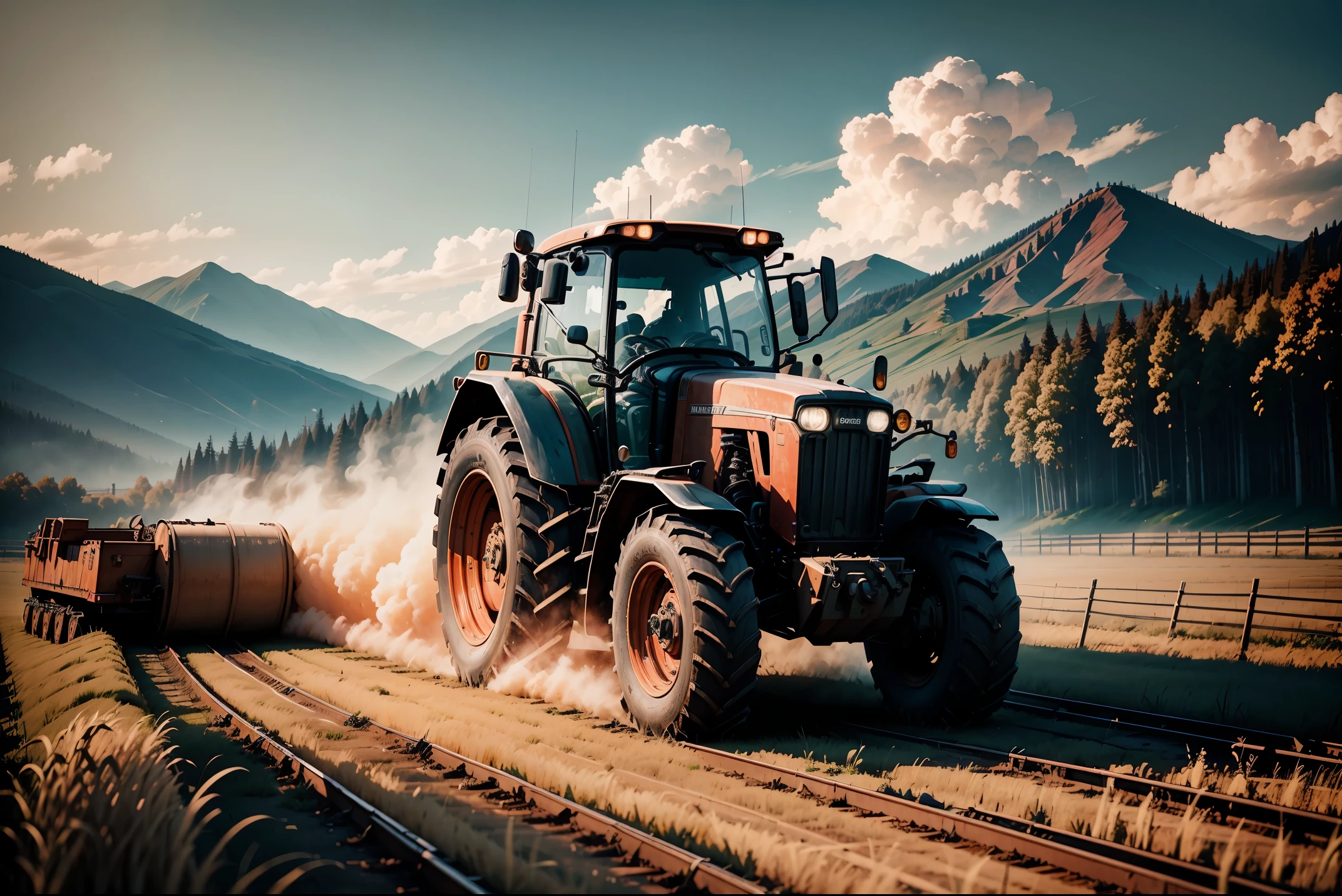 (in 8K, Raw photography, Best Quality, masutepiece: 1.2), high-definition RAW color photography, Professional Photography, Cinematic Light, red trailer, tractor, harvestの風景,farmer,(Detailed facial expressions), slenderbody, Beautiful pictures, instagram photo, Photo Shot, album art, Description, harvest, Crop, high grain,Highly detailed, Photography, masutepiece, High quality, High quality, hight resolution, Professional Lighting,