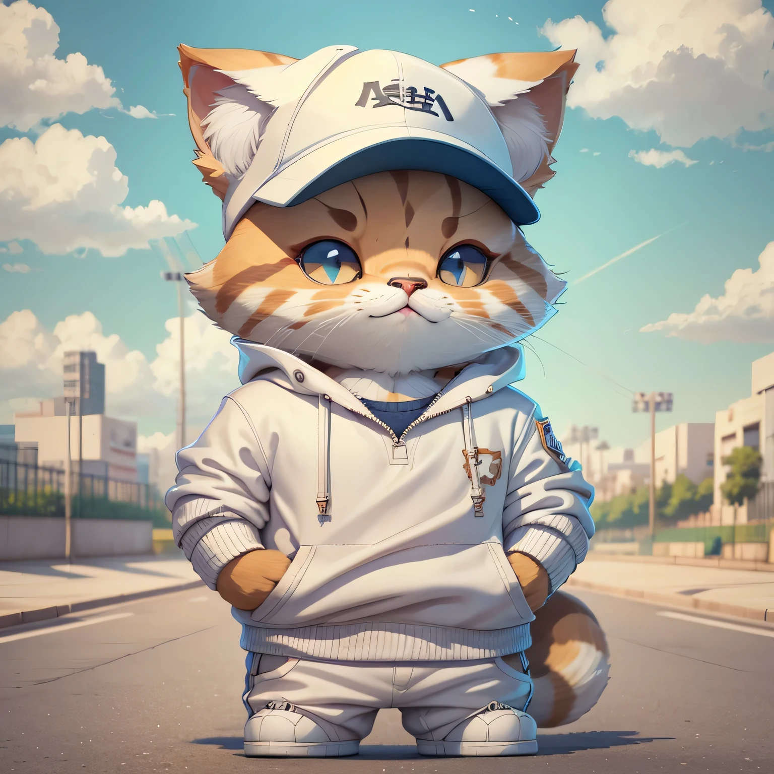 cat wearing a white baseball cap、The background is a residential area、Standing on two legs、An ultra-high picture quality、Super smile、Super smile、