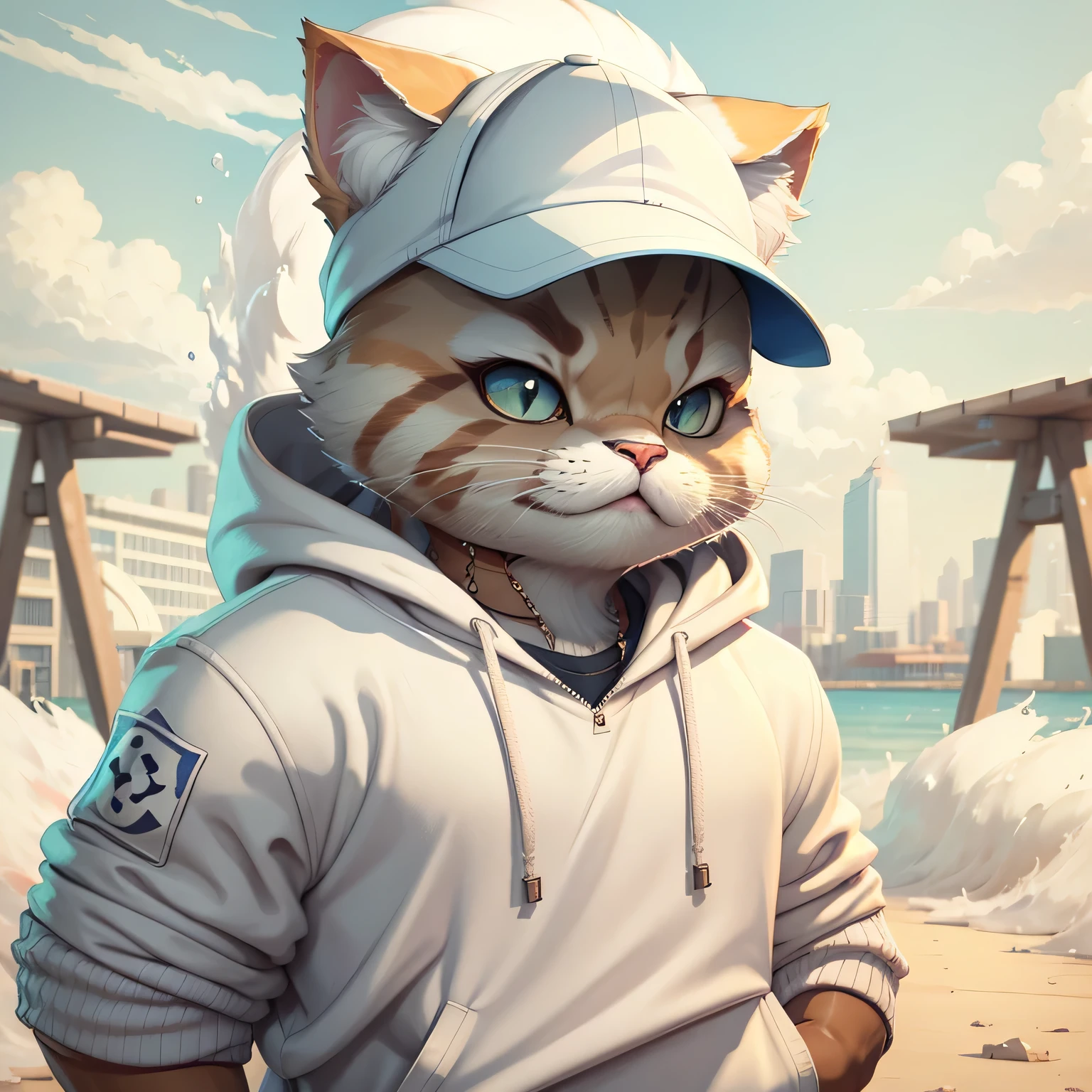 cat wearing a white baseball cap、The background is a residential area、Standing on two legs、An ultra-high picture quality、Super smile、Super smile、