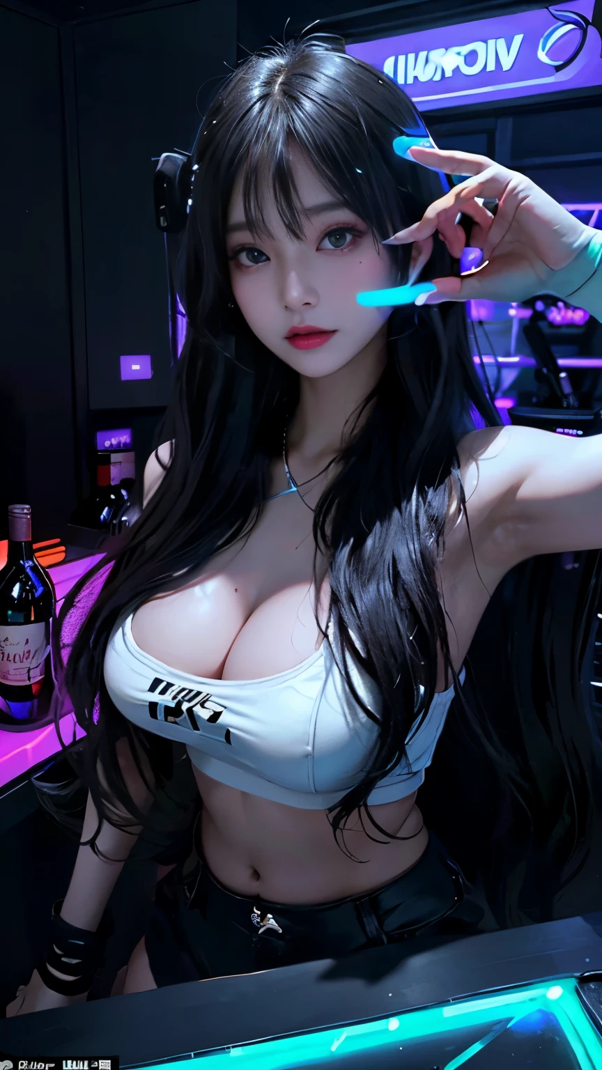 Perfect human body、Mine makeup girl、(((Black straight long hair)))、Glowing neon lights、ガールズBar clerk、Bar clerk、Pure white bar counter、girl serving alcohol、Neon and uv black light store interior、cyber 、(((The store and shirts glow under UV black light)))、numerous piercings in the ears、very Bigger breasts、ultra gigantic tits、Large cleavage、Stick out your big, shapely butt、maikurobikini、Black leather miniskirt or shorts、A store that looks like a spaceship、Liquor bottle reflecting light、Western liquor bottles on a shelf with a faint reflection、drinking cocktail、female gaki smile、cyber vision monitor、(、Oil skin, gleaming skin、realistic skin textures、Detailed beautiful skin、Shiny skin、shiny white skin)))、Random angles、