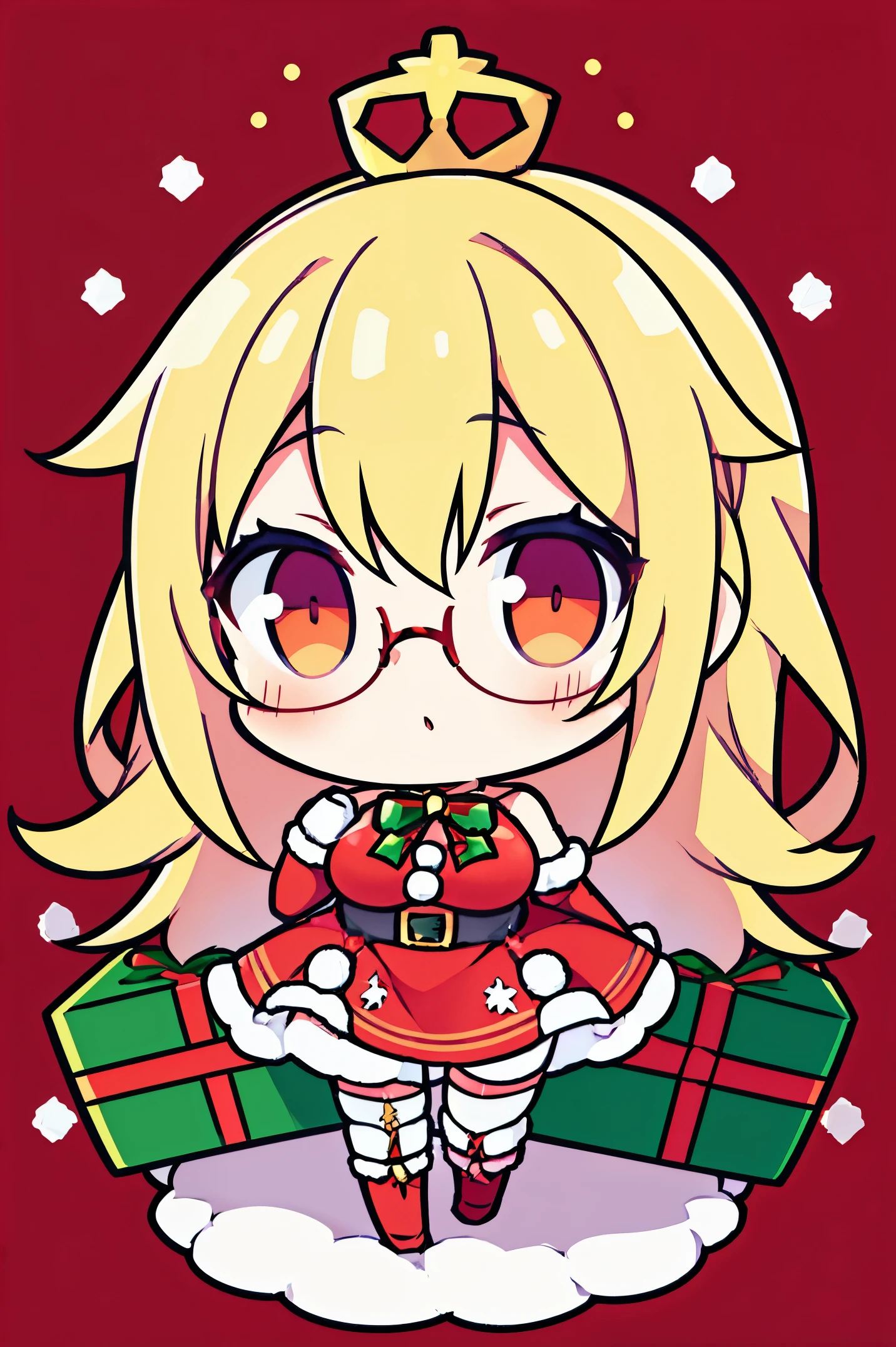 "anime girl, 1 person, bright blonde hair, glasses, crown on head, santa shirt, santa suit, winter suit, winter dress, red dress, big breasts, stockings, standing cross legs, character perspective, snowfall, christmas gift box, christmas,chibi, full body, solo, (full HD 4K+ image)"