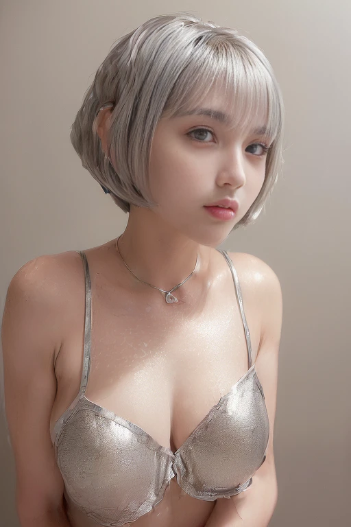 (20year old、Italian、Beautiful girl、Extraordinary Beauty:1.8))、(gark silver hair、short-hair、bob cuts、Curled Hair:1.7)、(no clothes), bare big breasts, cute nipples、(Pose like a model、Fantastical:1.6)、(real cute  pussy, from front, short hair, cute breast, huge nipples),