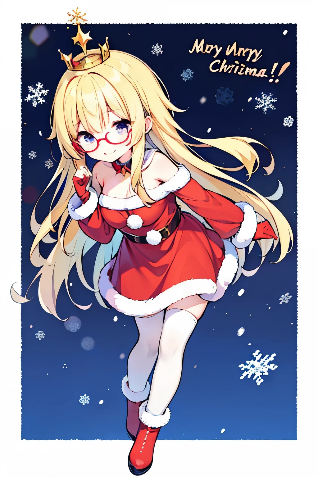 "anime girl, 1 person, bright blonde hair, glasses, crown on head, santa shirt, santa suit, winter suit, winter dress, red dress, big breasts, stockings, standing cross legs, character perspective, snowfall, christmas gift box, christmas,chibi, full body, solo, (full HD 4K+ image)"