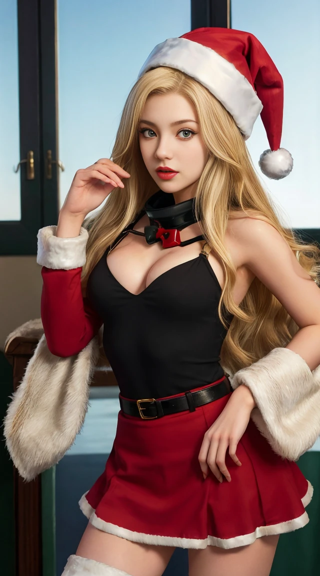 1girl,yuudachi \(kancolle\),
yuudachi kai ni \(kancolle\),
blonde hair,long hair,
red eyes,
medium , slender,
santa hat,
skirt santa costume,