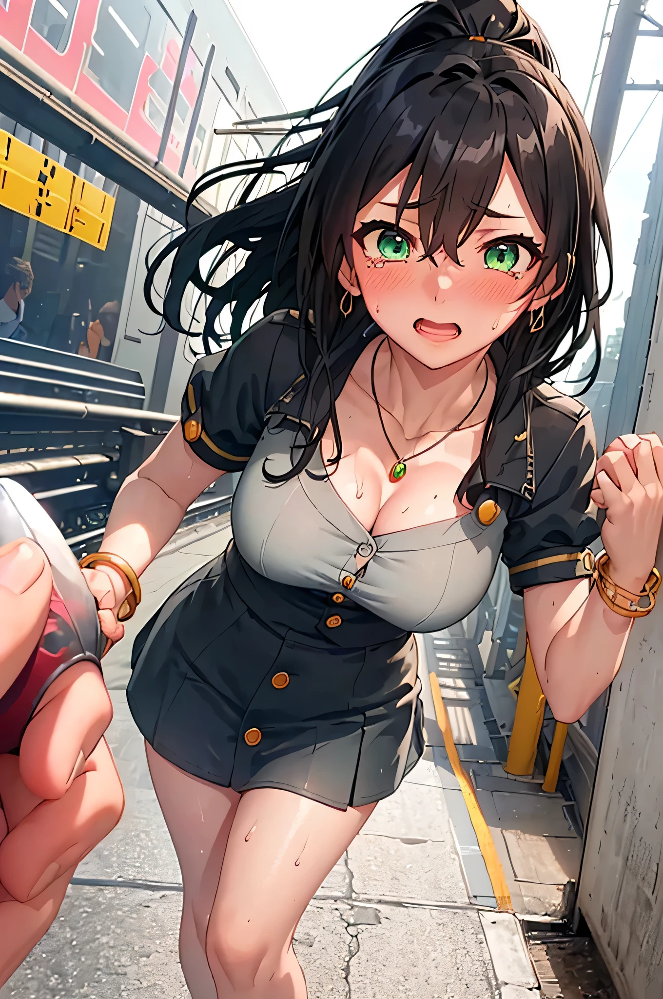 Fuuma_local,medium breasts,Black hair,Long hair,Ponytail,Green eyes,(School uniform,Short sleeve,Miniskirt:1.1),(Skin glittering with sweat:1.1), Outdoors,Sunlight, spotlight effect,Bright sky, Blue sky with clouds,strong breeze, (on train:1.2),(hight resolution, High quality:1.1), Intricate details, Cinematic lighting, 1girl in,(red blush,Crying),(Necklace, 手链),(remoteプレイ:1.2), (remote_vibrating:1.2), ((Press the button at the bottom left of the screen with your hand:1.3))、