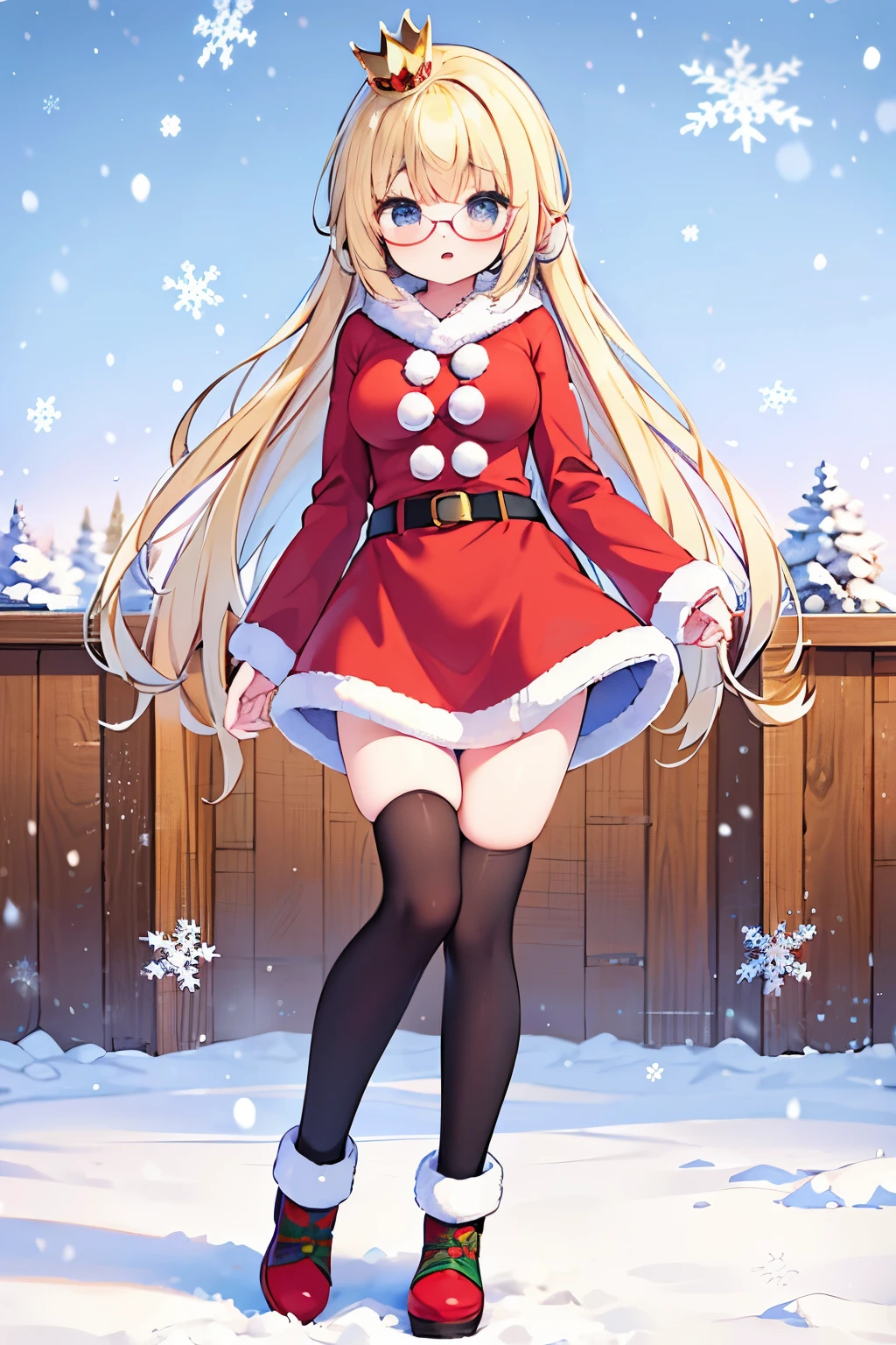 "anime girl, 1 person, bright blonde hair, glasses, crown on head, santa shirt, santa suit, winter suit, winter dress, red dress, big breasts, stockings, standing cross legs, character perspective, snowfall, christmas gift box, christmas,chibi, full body, solo, (full HD 4K+ image)"