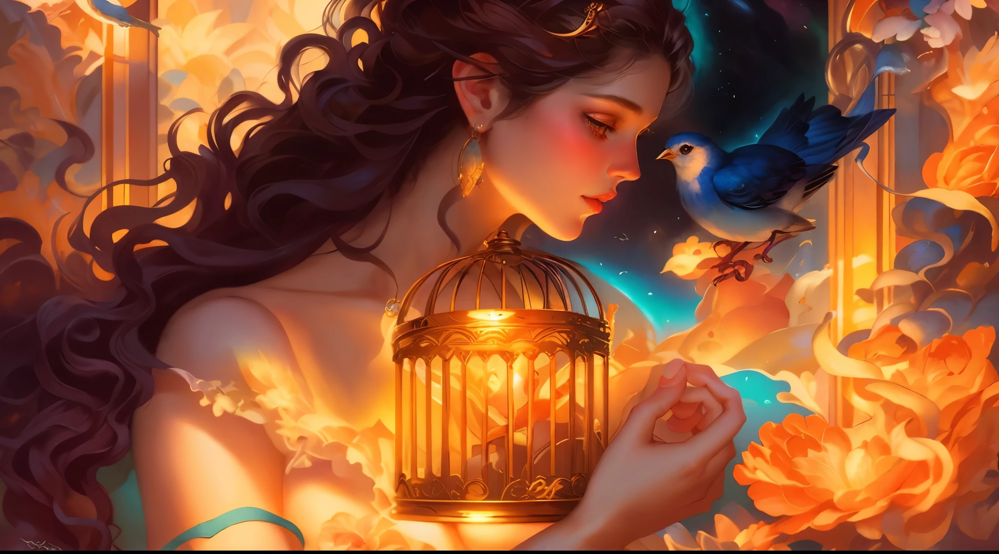 there is a woman holding a bird and a birdcage in her hand, tom bagshaw artstyle, inspired by Magali Villeneuve, by tom bagshaw, by Tom Bagshaw, graphic artist magali villeneuve, inspired by Cynthia Sheppard, by Cynthia Sheppard, magali villeneuve', artstyle tom bagshaw, a beautiful artwork illustration