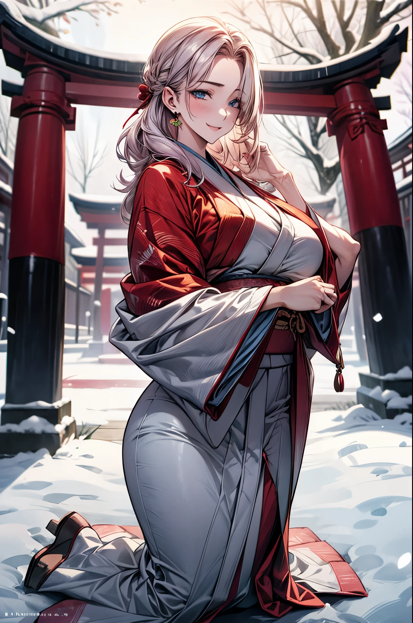 (masterpiece, best quality:1.2), (high resolution, 8K RAW photo, photo realistics, clear focus), (natural lighting, textile shading), pov, solo focus, full body, 1 matured woman, 28 years old, (milf:1.5), raised sexy, New Year's visit, put your hand together, praying for happiness, closed eyes, smile, light Purple hair, medium long hair, hair over one eye, asymmetric hair, half updo hair, wavy hair, blue eyes, japanese clothes, kimono, at ZEN garden in Japanese temple, in front of torii gate, in winter, snowy ground with fallen snow, snowflakes, depth of field, bokeh, dynamic angle, from side above, (correct anatomy, ideal ratio of body proportions), in a night, under starry sky,