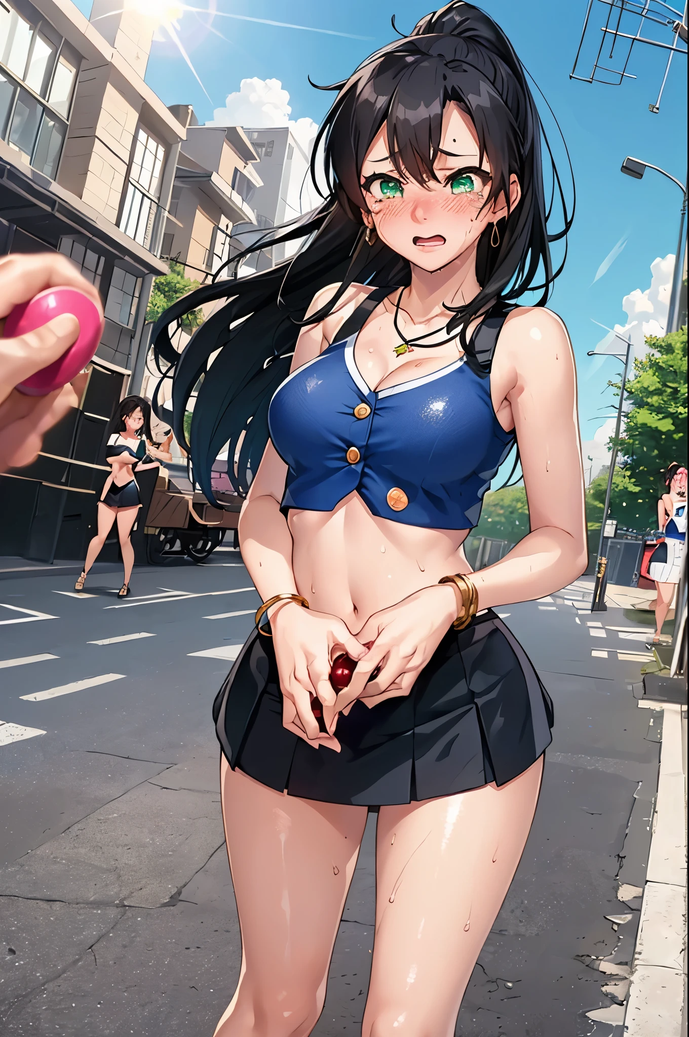 fuuma_tokiko,medium breasts,black hair,long hair,ponytail,green eyes,(cheerleader, crop top, ultra miniskirt, bare shoulders) ,(sweat gleaming skin:1.1), outdoors,sunlight, spotlight effect,bright sky, blue sky with clouds,strong wind,(highres, high quality:1.1), intricate details, cinematic lighting, 1girl,(red blush,crying),(Necklace, bracelet),(Remote Play:1.2), (remote_vibrating:1.2), ((Hand holding a button at the bottom left of the screen:1.3))、