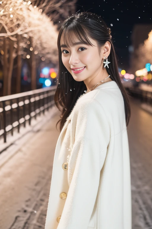 masuter piece、4K、Sony α7Ⅲ、85mm lens、It's snowing、 winter night park, (Lots of Christmas illuminations)、Kawaii Girl、Cowboy Shot、white knit coat、crystal earrings、a necklace、Smiled、Shoulder back