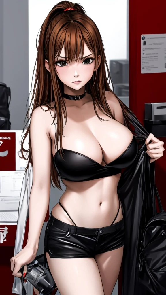 A beautiful adult woman with shoulder-length hair, big breasts, and beautiful legs is standing blushing in a black navel-baring tube top and black panty-like hot pants, and a middle-aged office worker is standing in front of her. looking at you with an irritated expression。